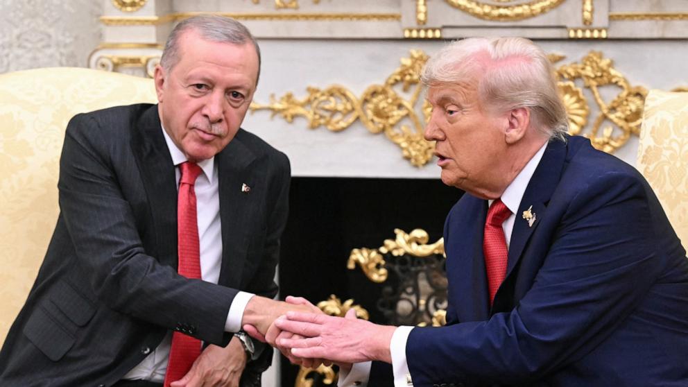 PHOTO: President Donald Trump shakes hands with Turkey's President Recep Tayyip Erdogan as they meet in the Oval Office of the White House in Washington, September 25, 2025.