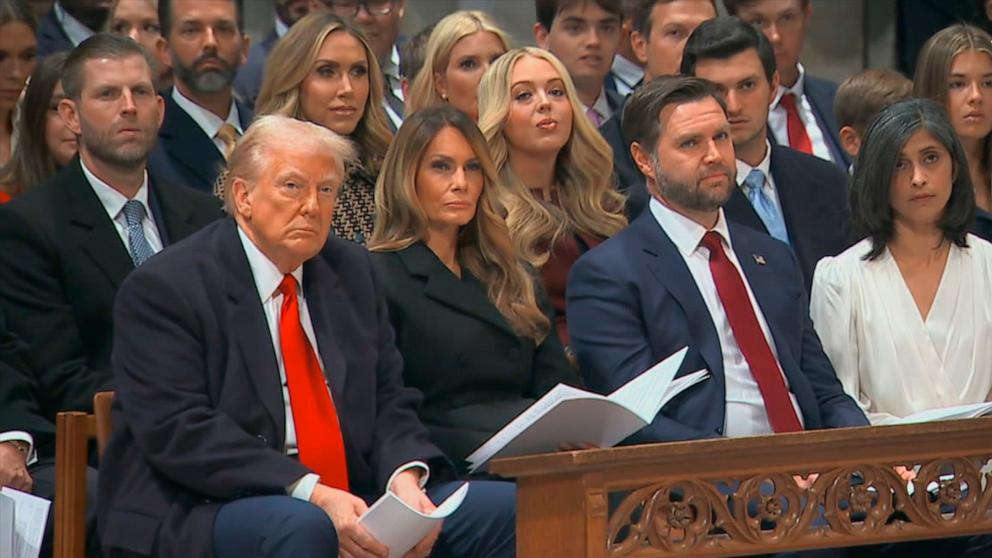 PHOTO: President Donald Trump, first lady Melania Trump, U.S. Vice President J.D. Vance and second lady Usha Vance listen to the sermon by Bishop Mariann Edgar Budde at Washington National Cathedral, Jan. 21, 2025, in Washington.