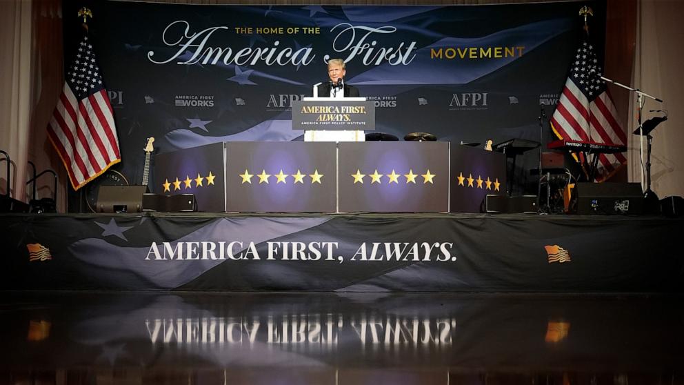 PHOTO: President-elect Donald Trump speaks during an America First Policy Institute gala at his Mar-a-Lago estate, Nov. 14, 2024, in Palm Beach, Fla.