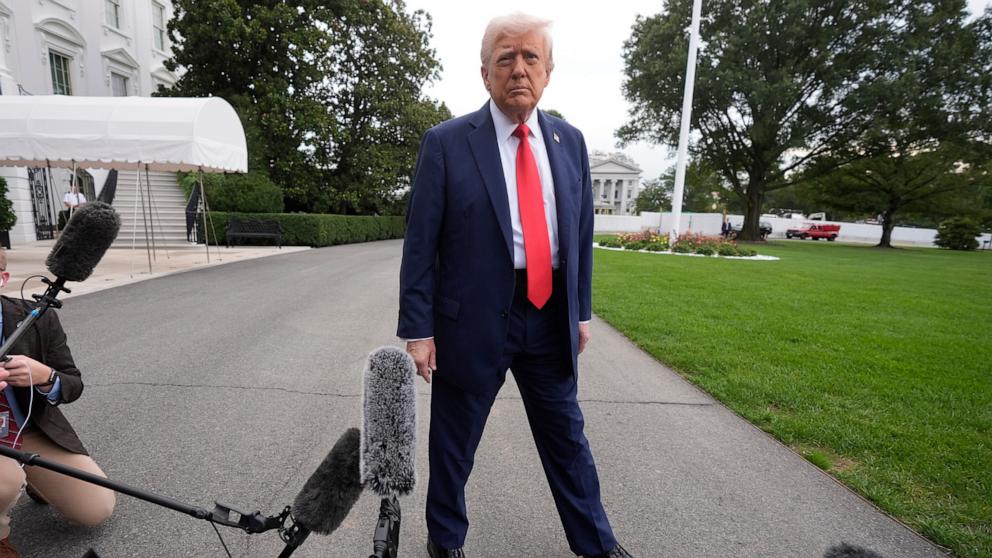 PHOTO: President Donald Trump speaks to the media before boarding Marine One to depart for Glendale, Arizona, to attend a memorial service for slain conservative commentator Charlie Kirk, at the White House in Washington, Sept. 21, 2025.