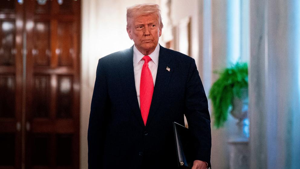 PHOTO: President Donald Trump arrives for an executive order signing ceremony in the East Room of the White House in Washington, April 8, 2025.
