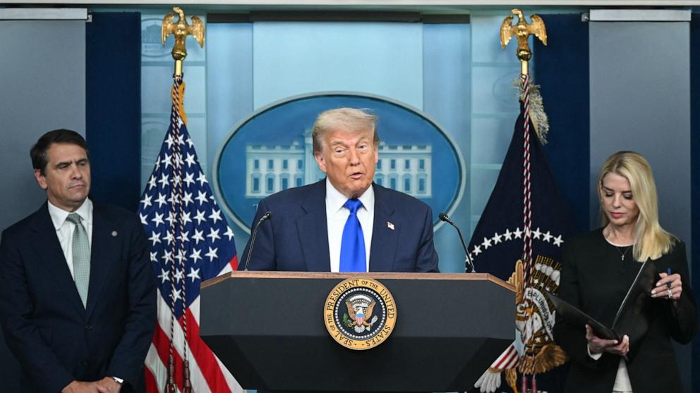 PHOTO: President Donald Trump speaks alongside Attorney General Pam Bondi and Deputy Attorney General Todd Blanche during a news conference in the Brady Briefing Room of the White House, June 27, 2025, in Washington.