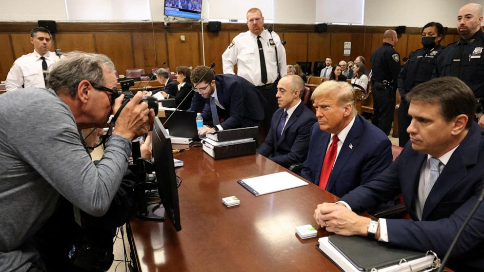 PHOTO: Republican presidential candidate Donald Trump with his lawyers Emil Bove (left) and Todd Blanche (right) appears in State Supreme Court in New York, Apr. 25, 2024.