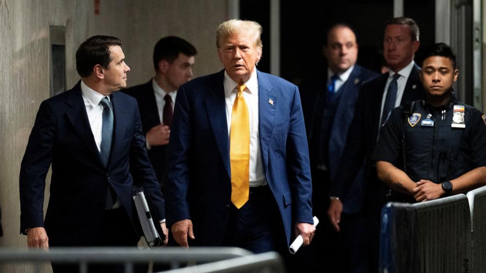 PHOTO: Former President Donald Trump walks to reporters to make a statement at the end of the day of his criminal trial at the New York State Supreme Court in New York, May 2, 2024.