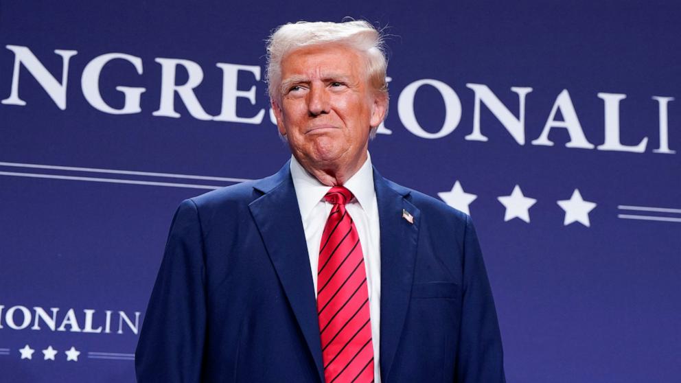 PHOTO: President Donald Trump attends a House Republican members conference meeting in Trump National Doral resort, in Miami, Florida, U.S. Jan. 27, 2025.