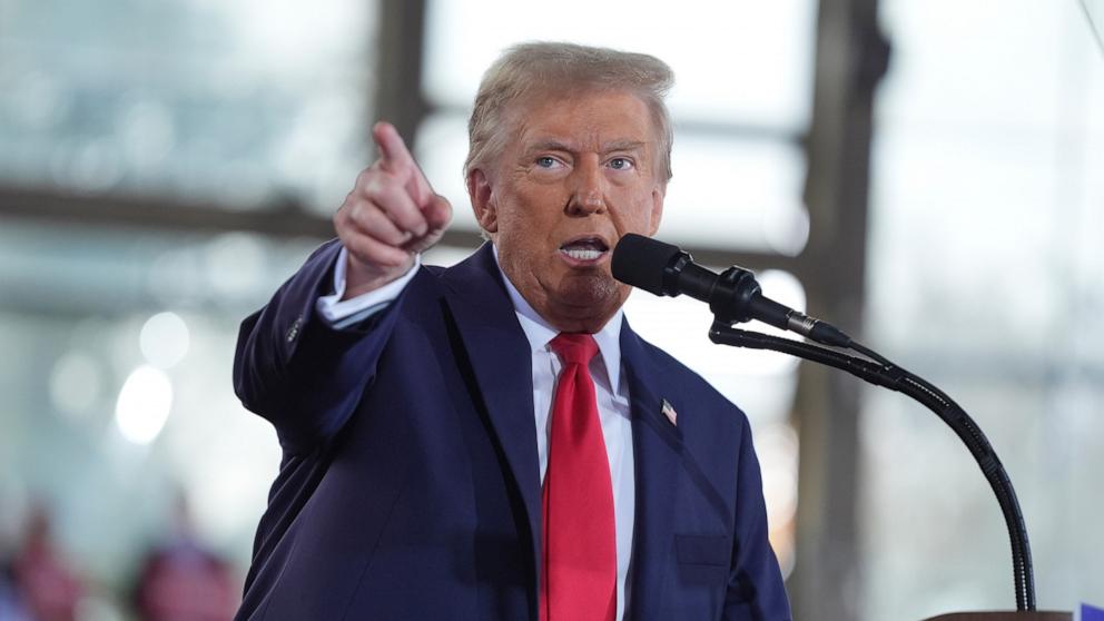 PHOTO: Republican presidential nominee former President Donald Trump speaks during a campaign rally at J.S. Dorton Arena, Nov. 4, 2024, in Raleigh, N.C. 