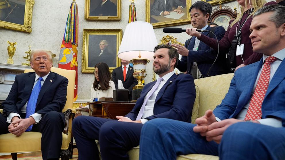 PHOTO: President Donald Trump speaks during a meeting with Japanese Prime Minister Shigeru Ishiba in the Oval Office while sitting with Vice President JD Vance and Secretary of Defense Pete Hegseth Feb. 7, 2025, in Washington.
