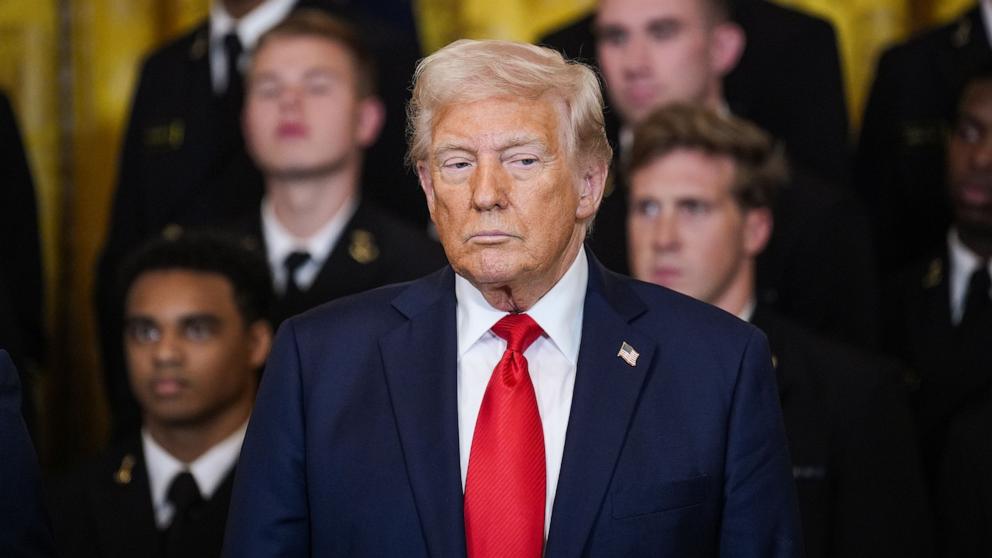 PHOTO: President Donald Trump participates in the Commander-in-Chief Trophy Presentation to the Navy Midshipmen - the United States Naval Academy, in the East Room at the White House in Washington, April 15, 2025.