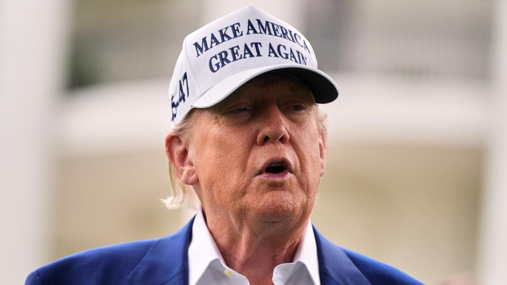 PHOTO: President Donald Trump speaks as a flag pole is installed on the South Lawn of the White House, June 18, 2025, in Washington.