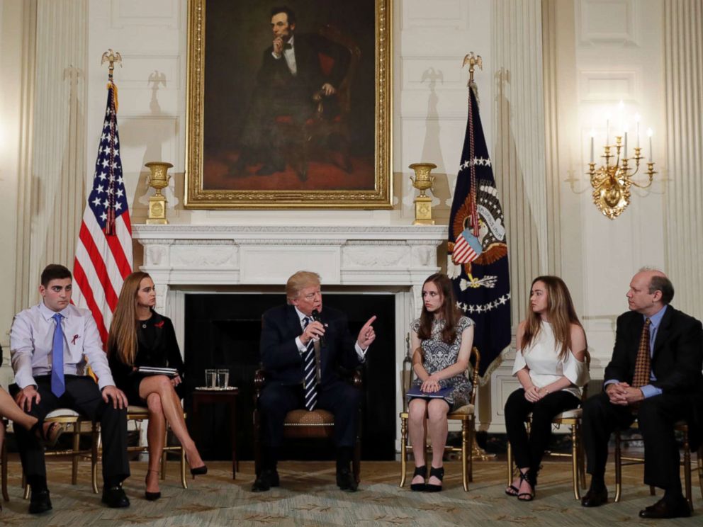 PHOTO: President Donald Trump speaks as he hosts a listening session with high school students, teachers and parents in the State Dining Room of the White House in Washington, D.C., Feb. 21, 2018.