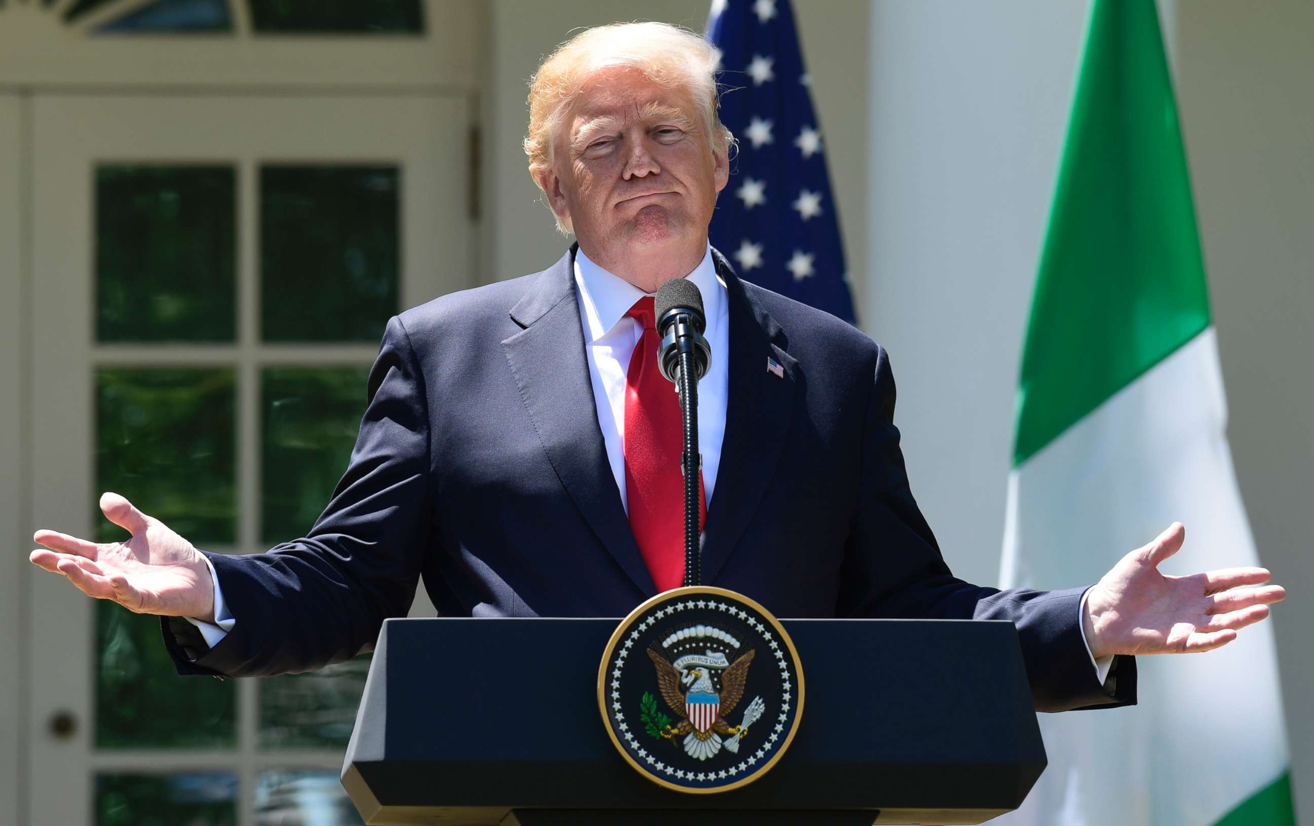 PHOTO: President Donald Trump speaks during a news conference with Nigerian President Muhammadu Buhari in the Rose Garden of the White House in Washington, D.C., April 30, 2018.