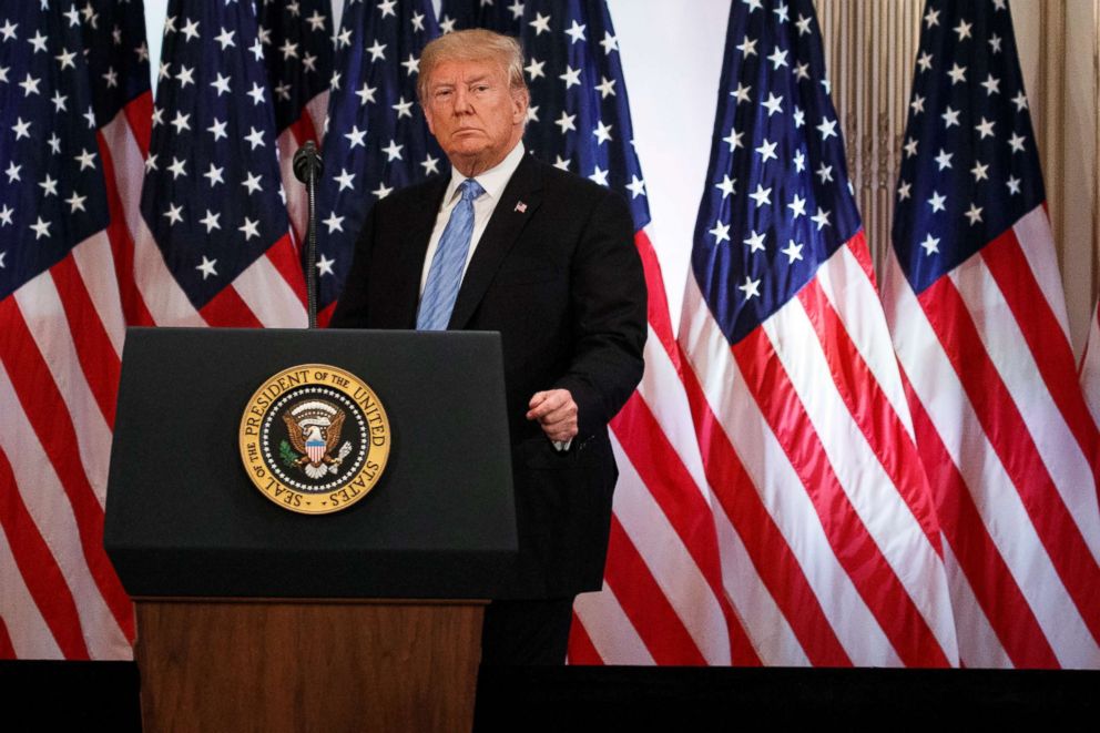 PHOTO: President Donald Trump arrives for a news conference at the Lotte New York Palace hotel during the United Nations General Assembly, Sept. 26, 2018, in New York.