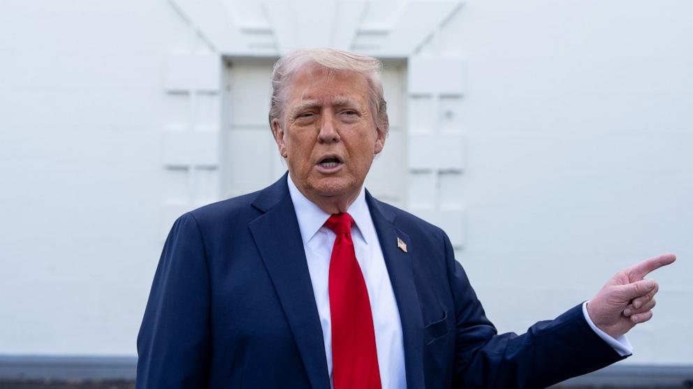PHOTO: President Donald Trump speaks with reporters at the White House, April 23, 2025, in Washington.