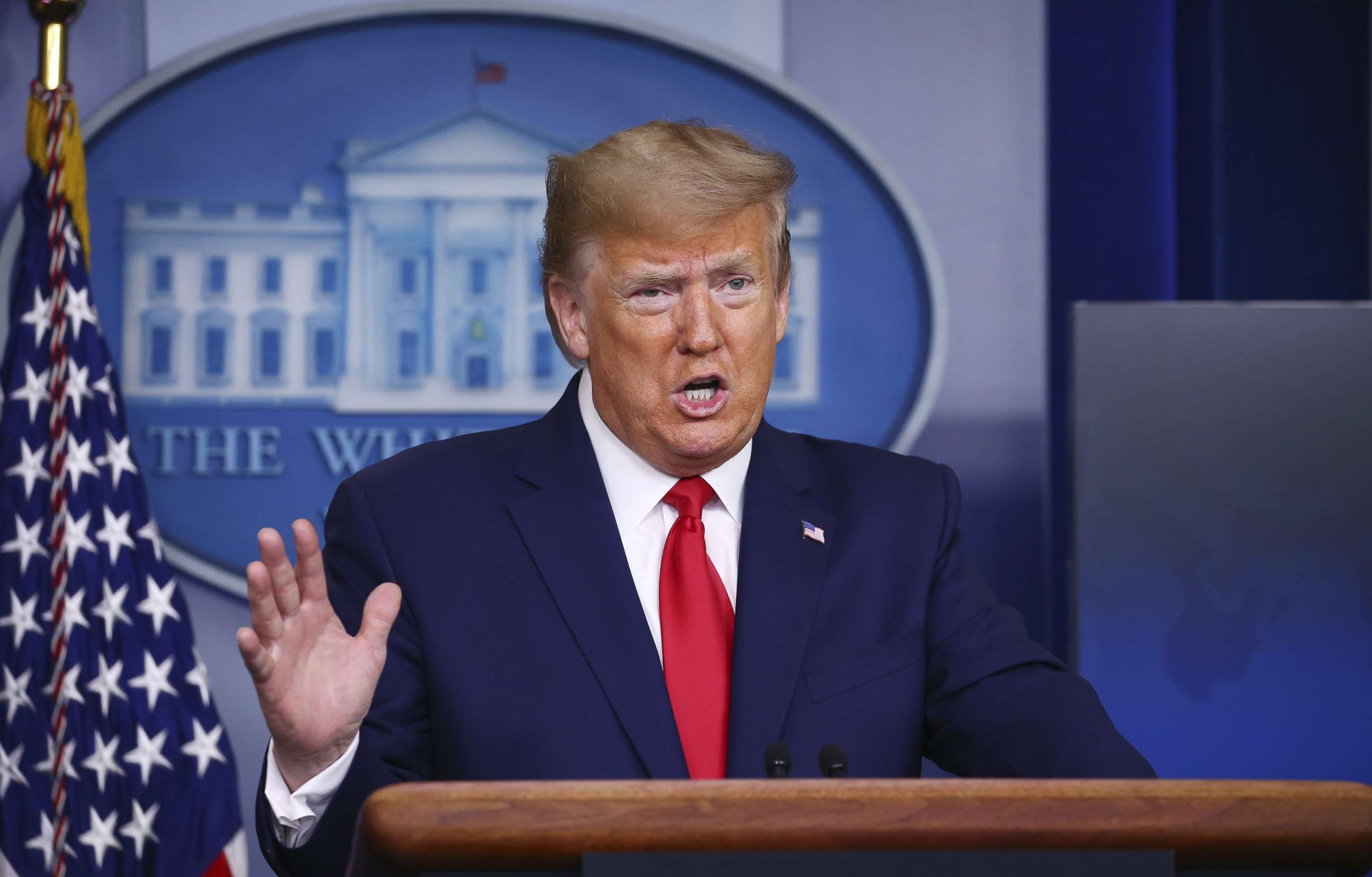 PHOTO: President Donald Trump delivers remarks on the COVID-19 pandemic during the coronavirus task force press briefing at the White House in Washington, April 18, 2020.