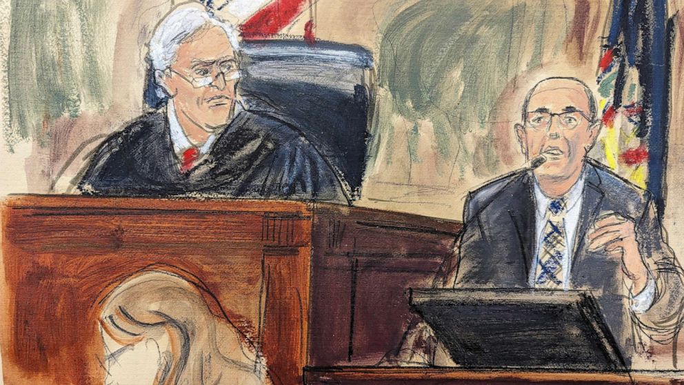 PHOTO: This courtroom sketch shows Judge Arthur Engoron listening to testimony from accountant Donald Bender during the fraud lawsuit trial of former President Donald Trump, Oct. 2, 2023, in New York.