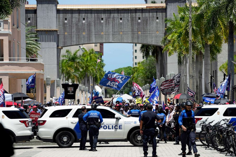 PHOTO: Authorities patrol outside the Wilkie D. Ferguson Jr. U.S. Courthouse, June 13, 2023, in Miami, after former President Donald Trump arrived at the federal court.