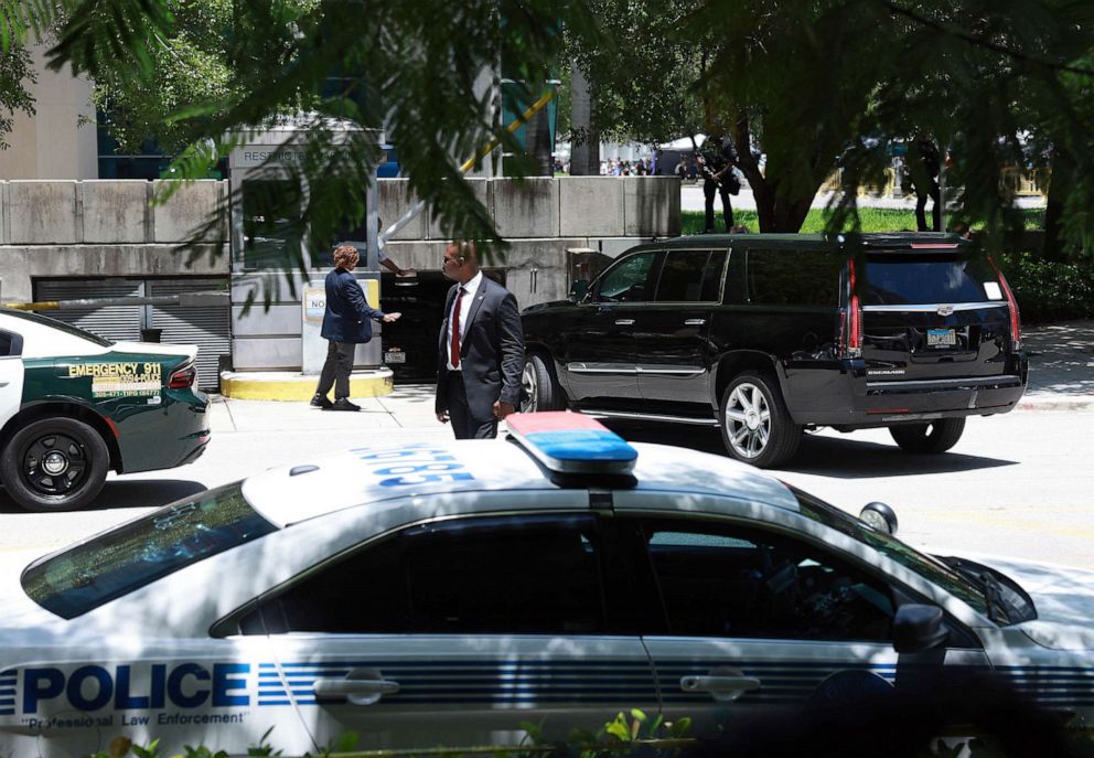 PHOTO: The motorcade carrying former President Donald Trump arrives to the Wilkie D. Ferguson Jr. United States Federal Courthouse as Trump appears for his arraignment, June 13, 2023 in Miami.