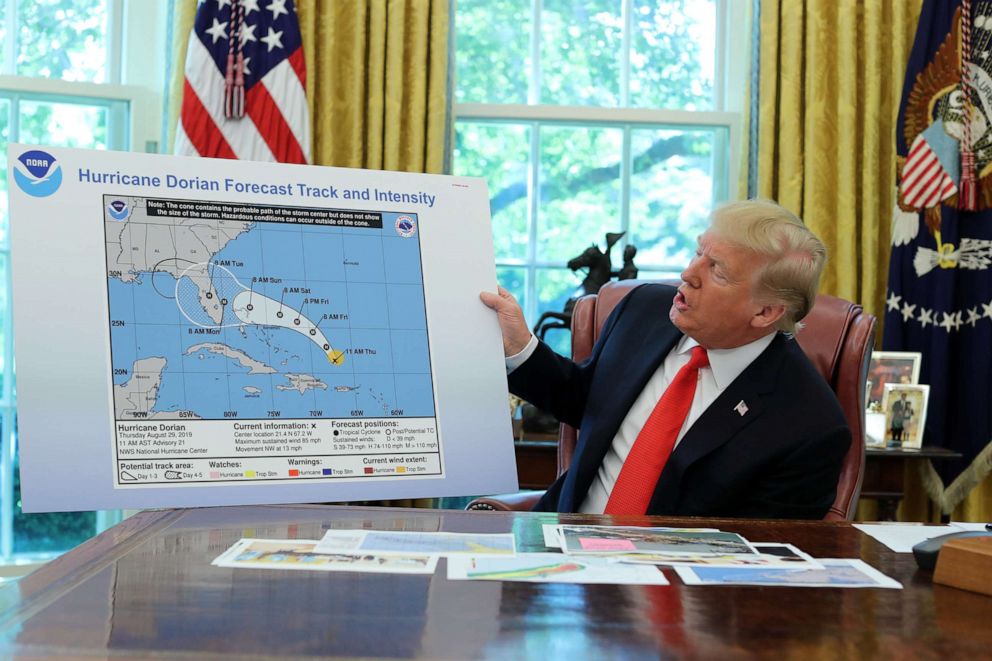 PHOTO: President Donald Trump speaks as he receives a status report on Hurricane Dorian in the Oval Office of the White House in Washington, Sept. 4, 2019.