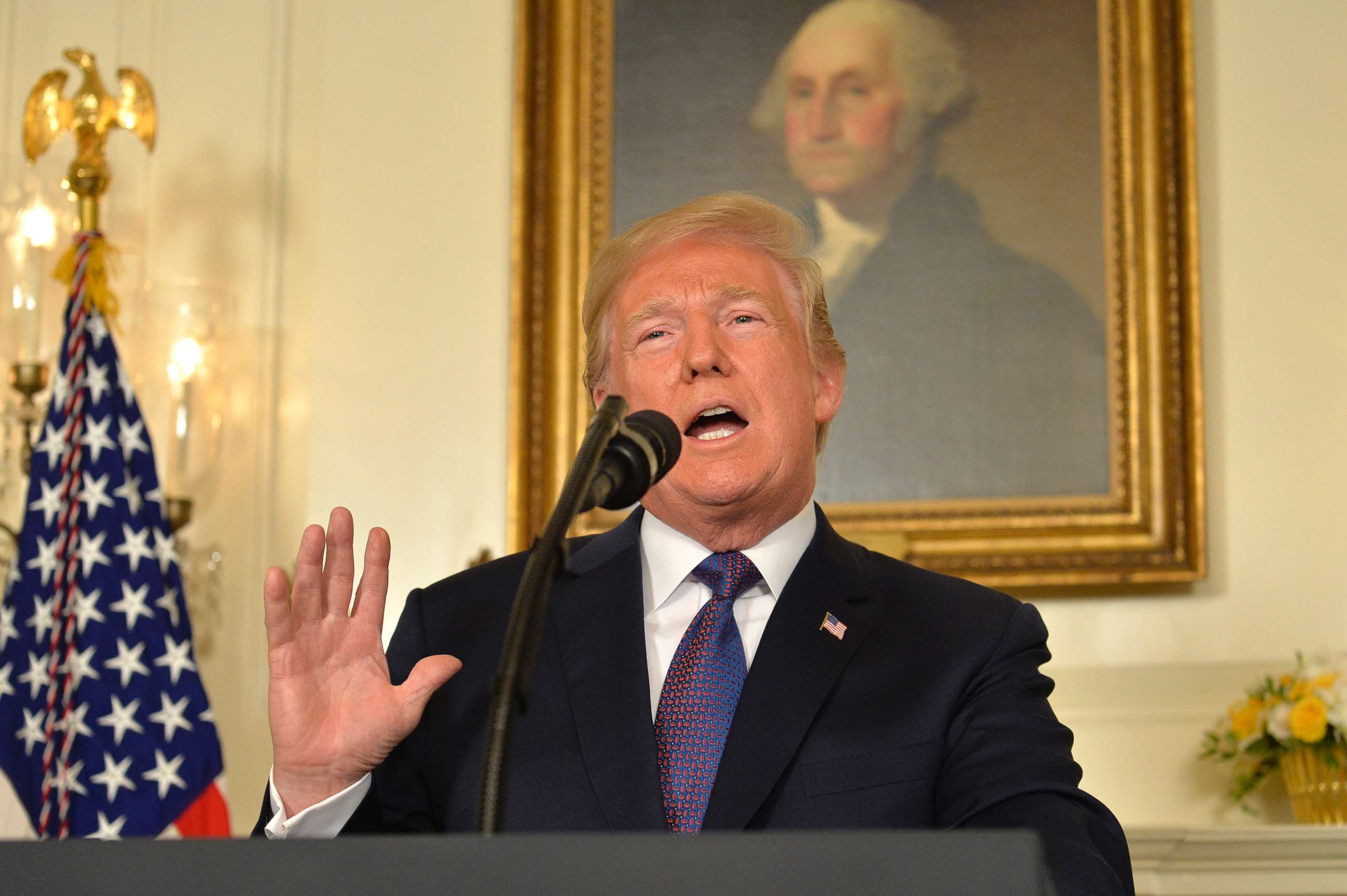 PHOTO: President Donald Trump makes remarks as he speaks to the nation, announcing military action against Syria for the recent apparent gas attack on its civilians, at the White House, April 13, 2018, in Washington, D.C.