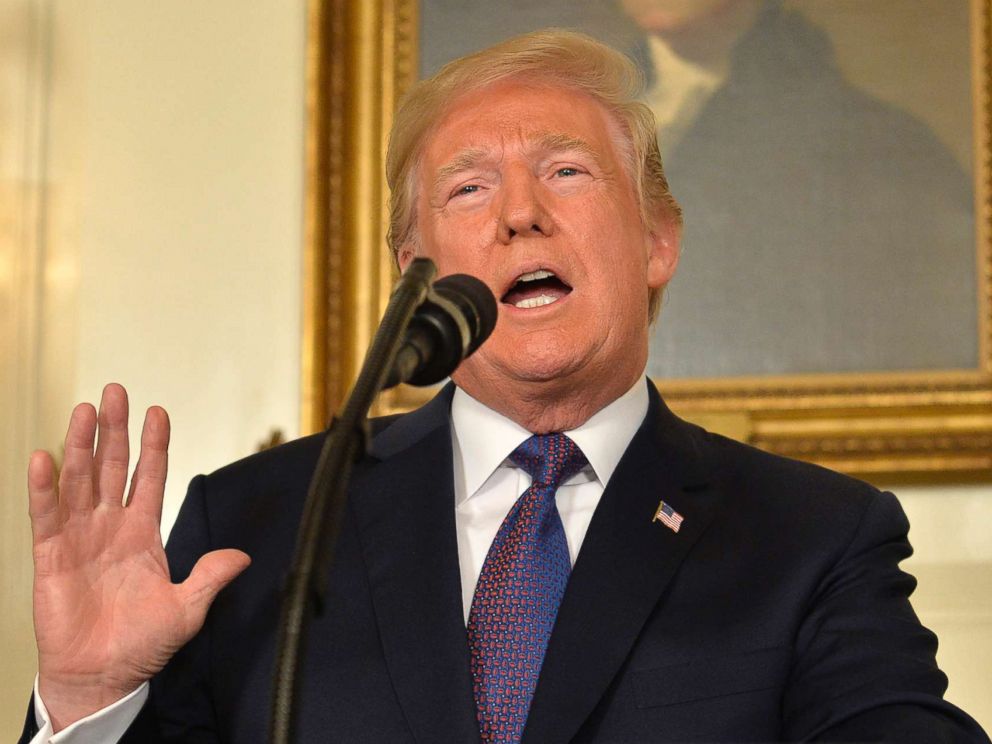 PHOTO: President Donald Trump makes remarks as he speaks to the nation, announcing military action against Syria for the recent apparent gas attack on its civilians, at the White House, April 13, 2018, in Washington, D.C.
