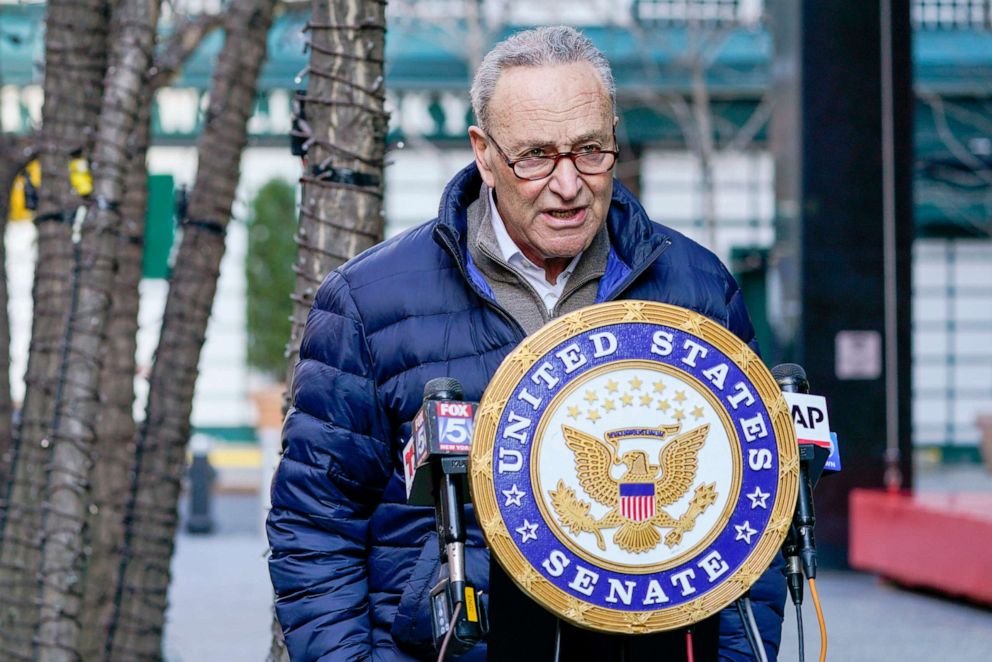 PHOTO: Senate Minority Leader Chuck Schumer speaks to reporters during a news conference in New York,  Jan. 12, 2021.