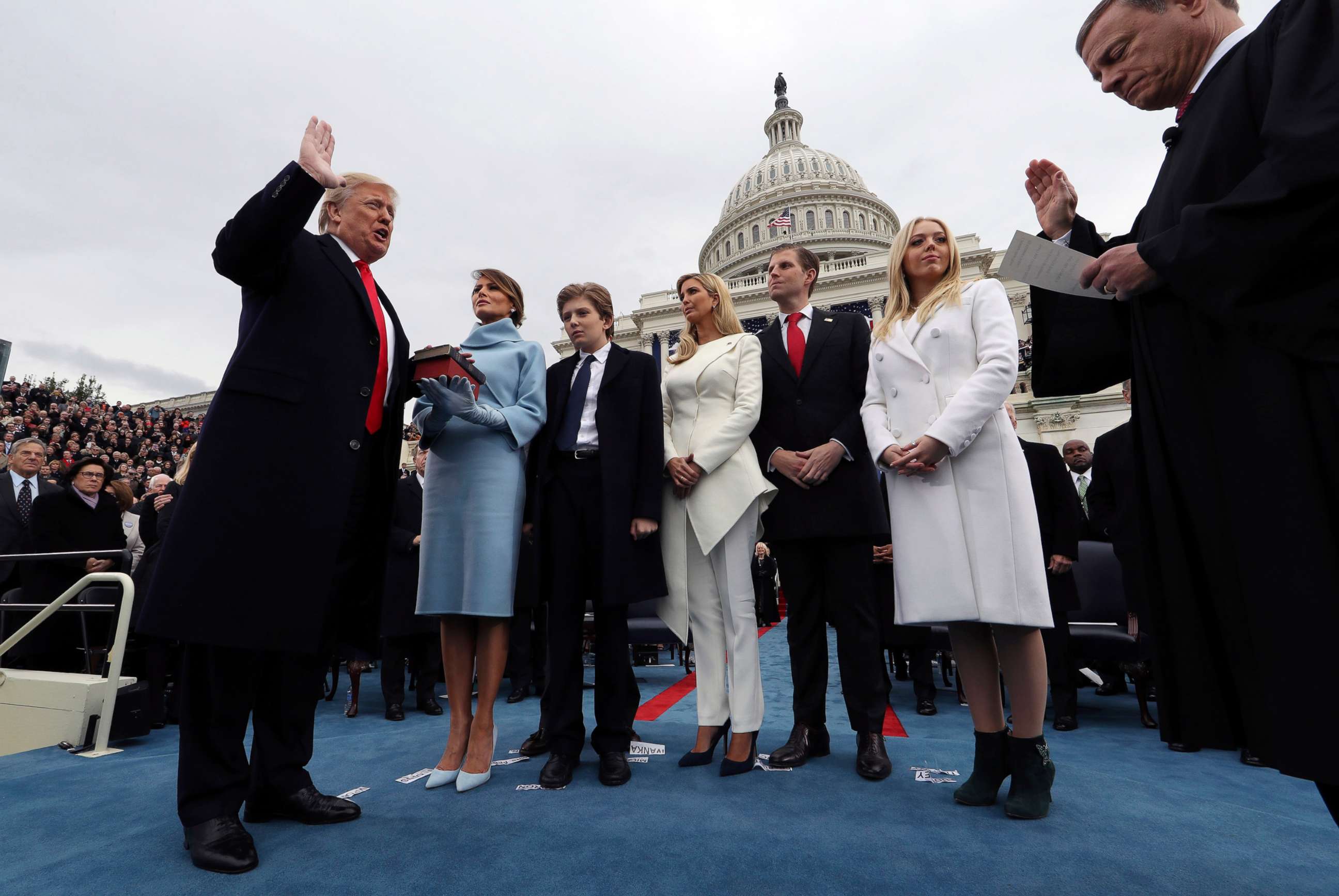 PHOTO: President Donald Trump takes the oath of office administered by Supreme Court Chief Justice John Roberts at the Capitol, Jan. 20, 2017.