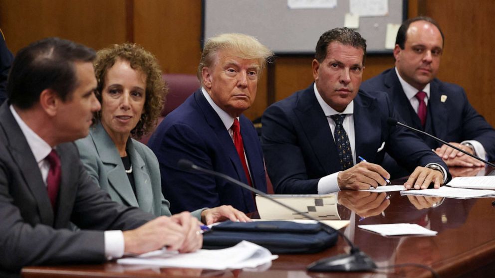 PHOTO: Former U.S. President Donald Trump appears in court for an arraignment on charges stemming from his indictment by a Manhattan grand jury following a probe into hush money paid to porn star Stormy Daniels, in New York City, April 4, 2023.