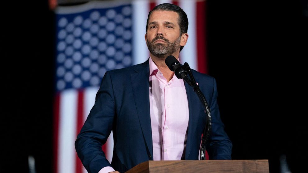 PHOTO: Donald Trump Jr., executive vice president of development and acquisitions for Trump Organization Inc., speaks during a campaign rally in Dalton, Ga., Jan. 4, 2021.