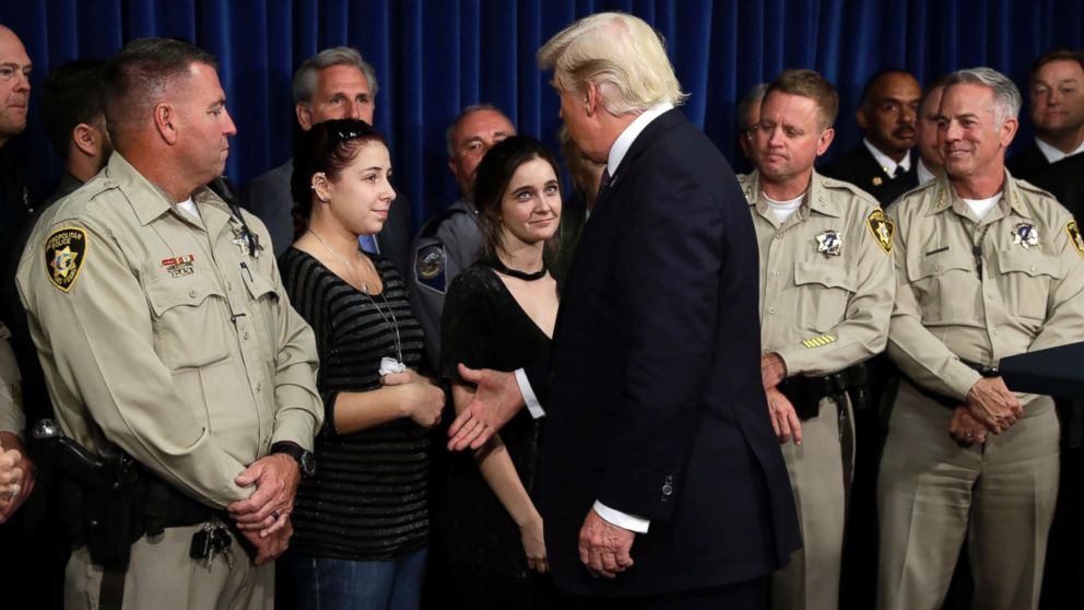 PHOTO: President Donald Trump meets with first responders and private citizens that helped during the mass shooting, Oct. 4, 2017, in Las Vegas.