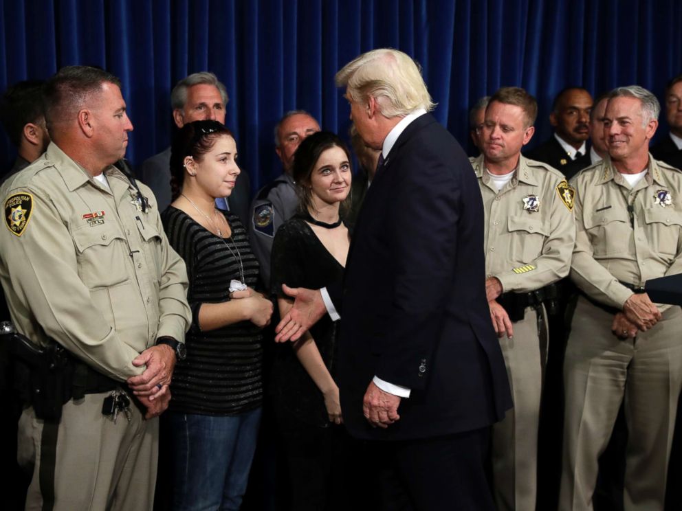 PHOTO: President Donald Trump meets with first responders and private citizens that helped during the mass shooting, Oct. 4, 2017, in Las Vegas.