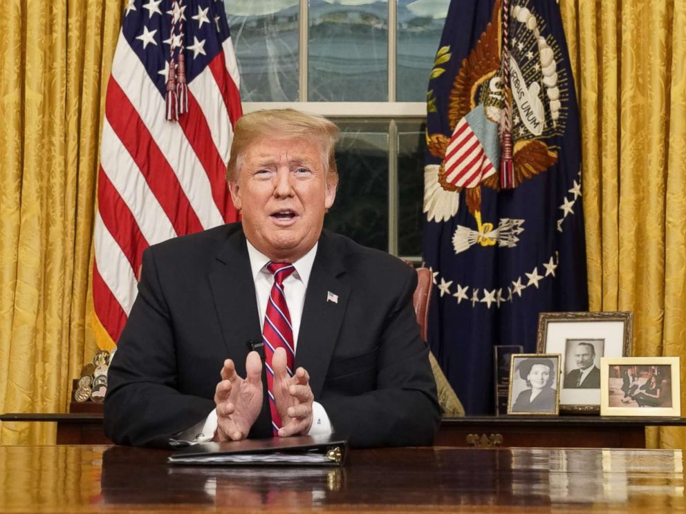 PHOTO: President Donald Trump delivers a televised address to the nation on funding for a border wall from the Oval Office of the White House in Washington, Jan. 8, 2019.