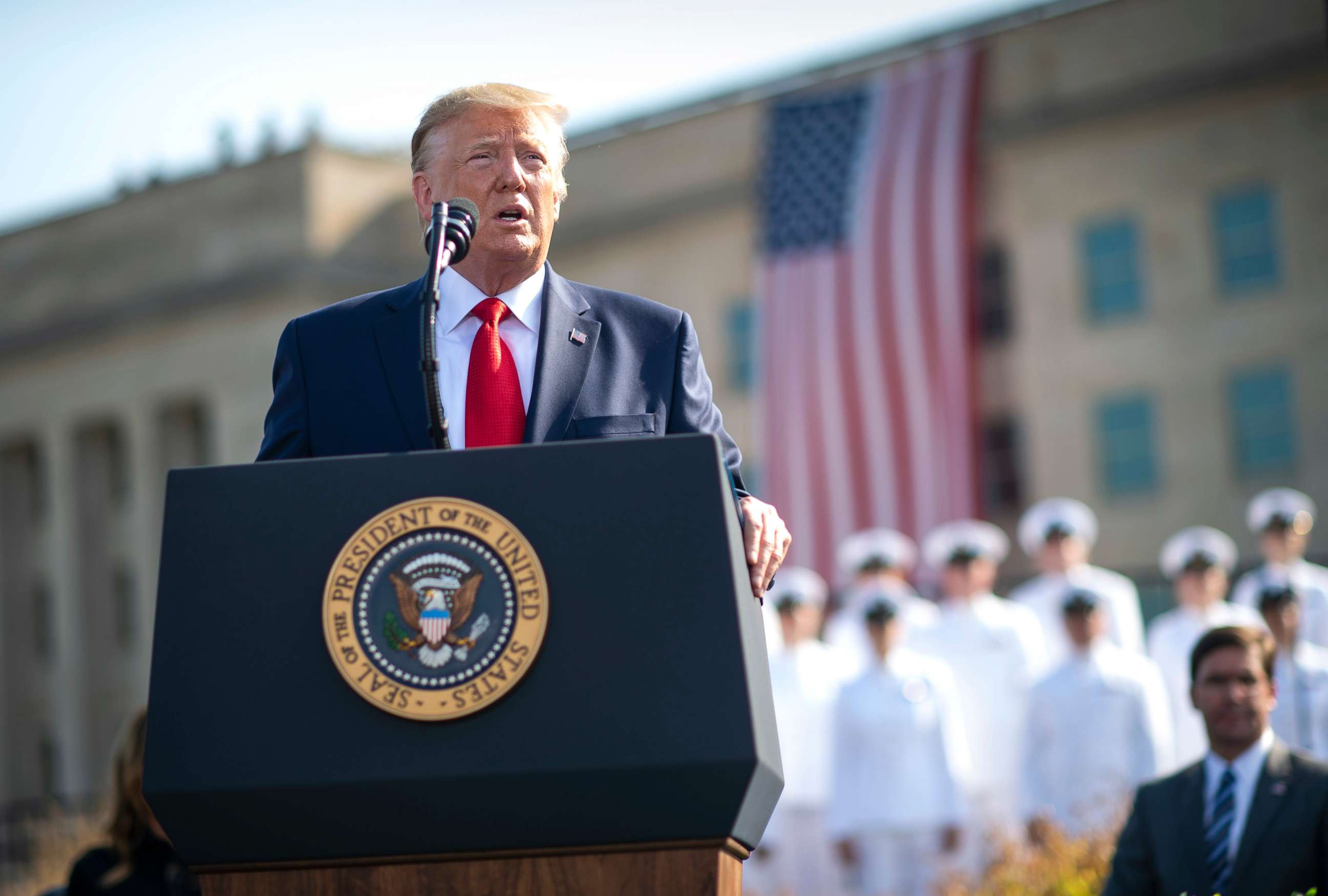 PHOTO: President Donald Trump gives a statement in front of the Pentagon during the 18th anniversary commemoration of the September 11 terrorist attacks, in Arlington, Va., Sept. 11, 2019.