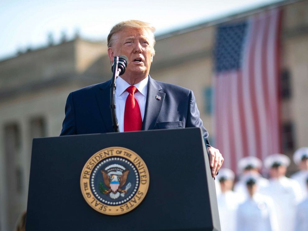 PHOTO: President Donald Trump gives a statement in front of the Pentagon during the 18th anniversary commemoration of the September 11 terrorist attacks, in Arlington, Va., Sept. 11, 2019.