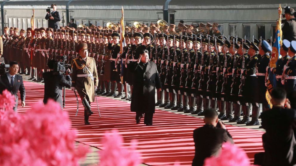 Kim Jong Un top leader of the Democratic People's Republic of Korea, attends a ceremony which saw him off at Pyongyang Railway Station in Pyongyang.