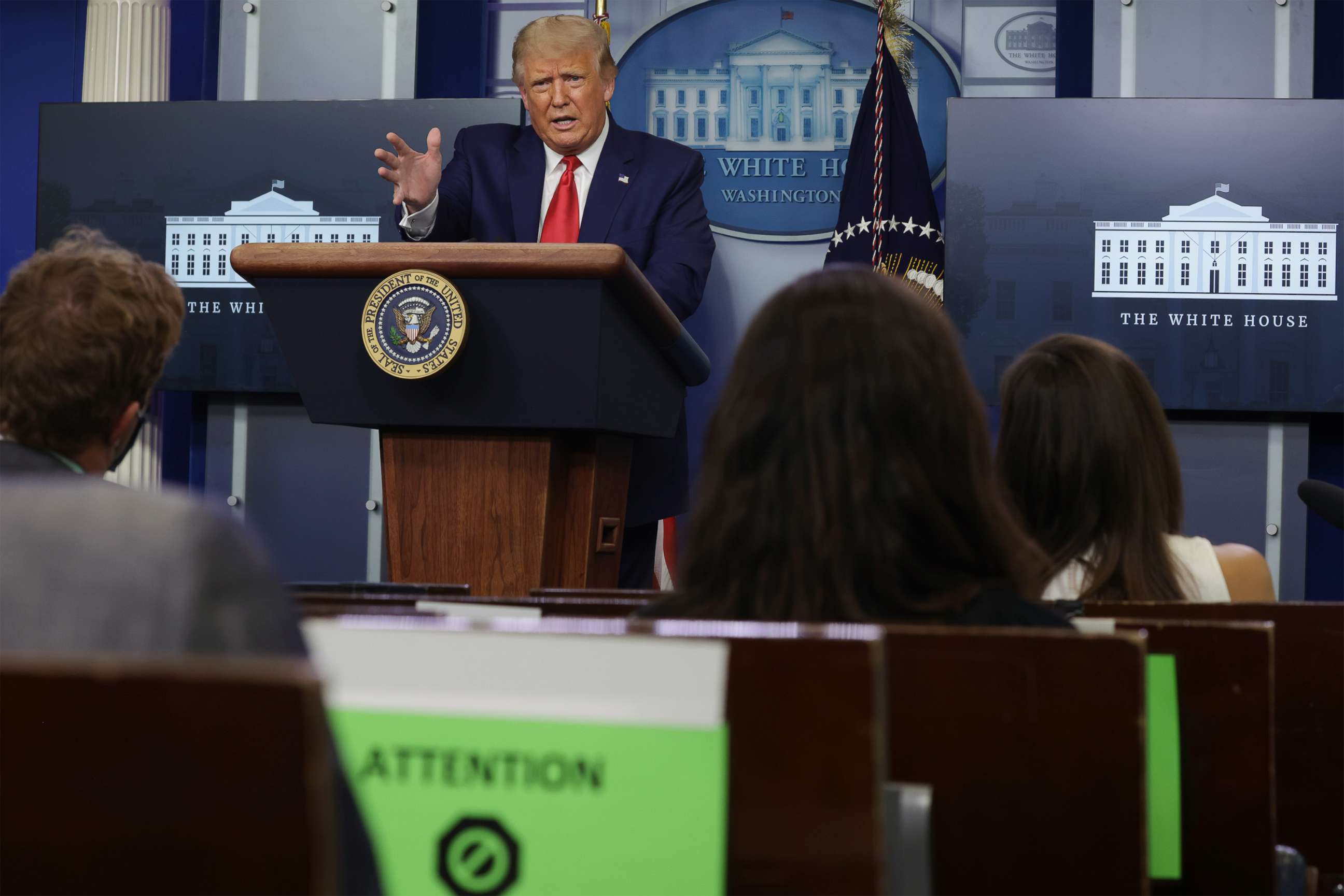PHOTO: President Donald Trump speaks to the press during a news conference in the James Brady Press Briefing Room of the White House on Sept. 16, 2020, in Washington.