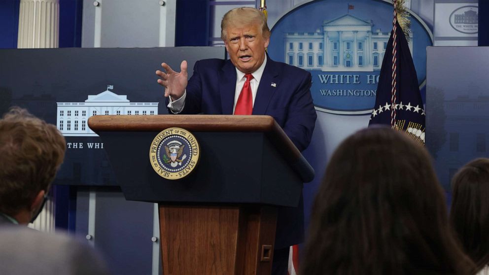 PHOTO: President Donald Trump speaks to the press during a news conference in the James Brady Press Briefing Room of the White House on Sept. 16, 2020, in Washington.