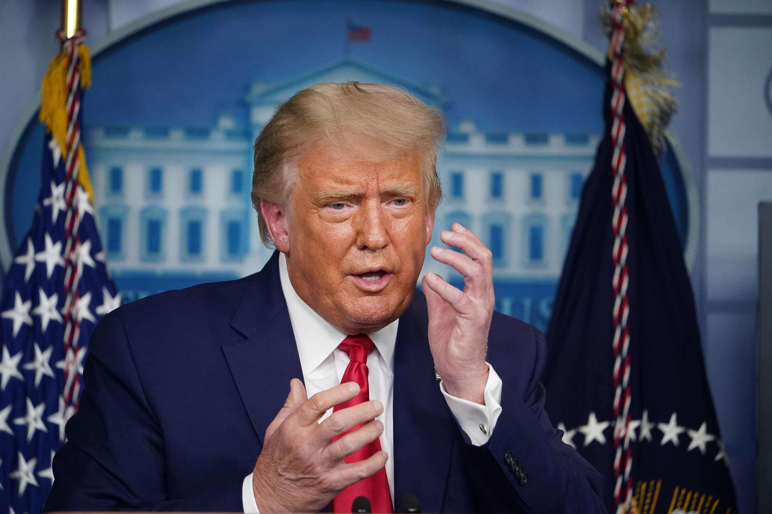 PHOTO: President Donald Trump gestures as he speaks about masks during a press conference in the Brady Briefing Room of the White House on Sept. 16, 2020, in Washington.