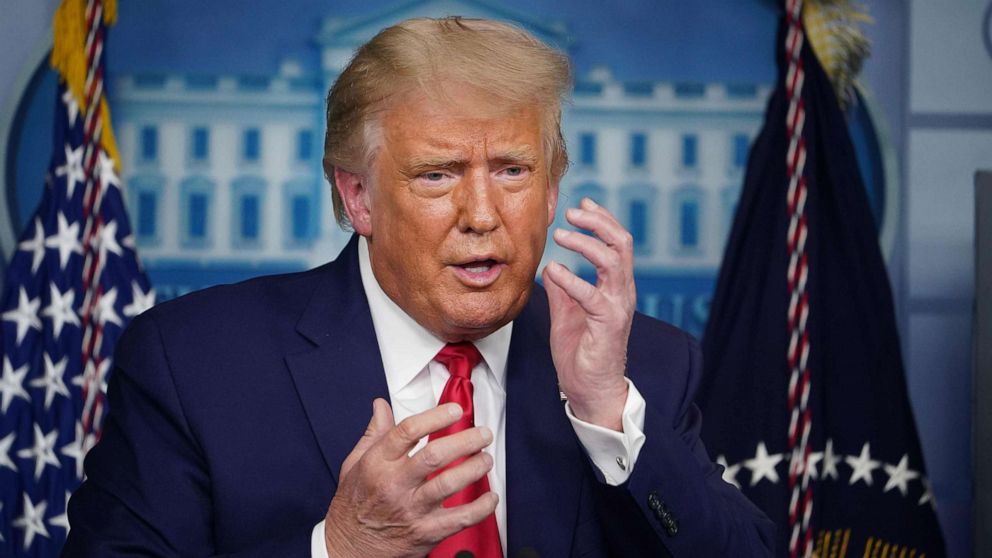 PHOTO: President Donald Trump gestures as he speaks about masks during a press conference in the Brady Briefing Room of the White House on Sept. 16, 2020, in Washington.