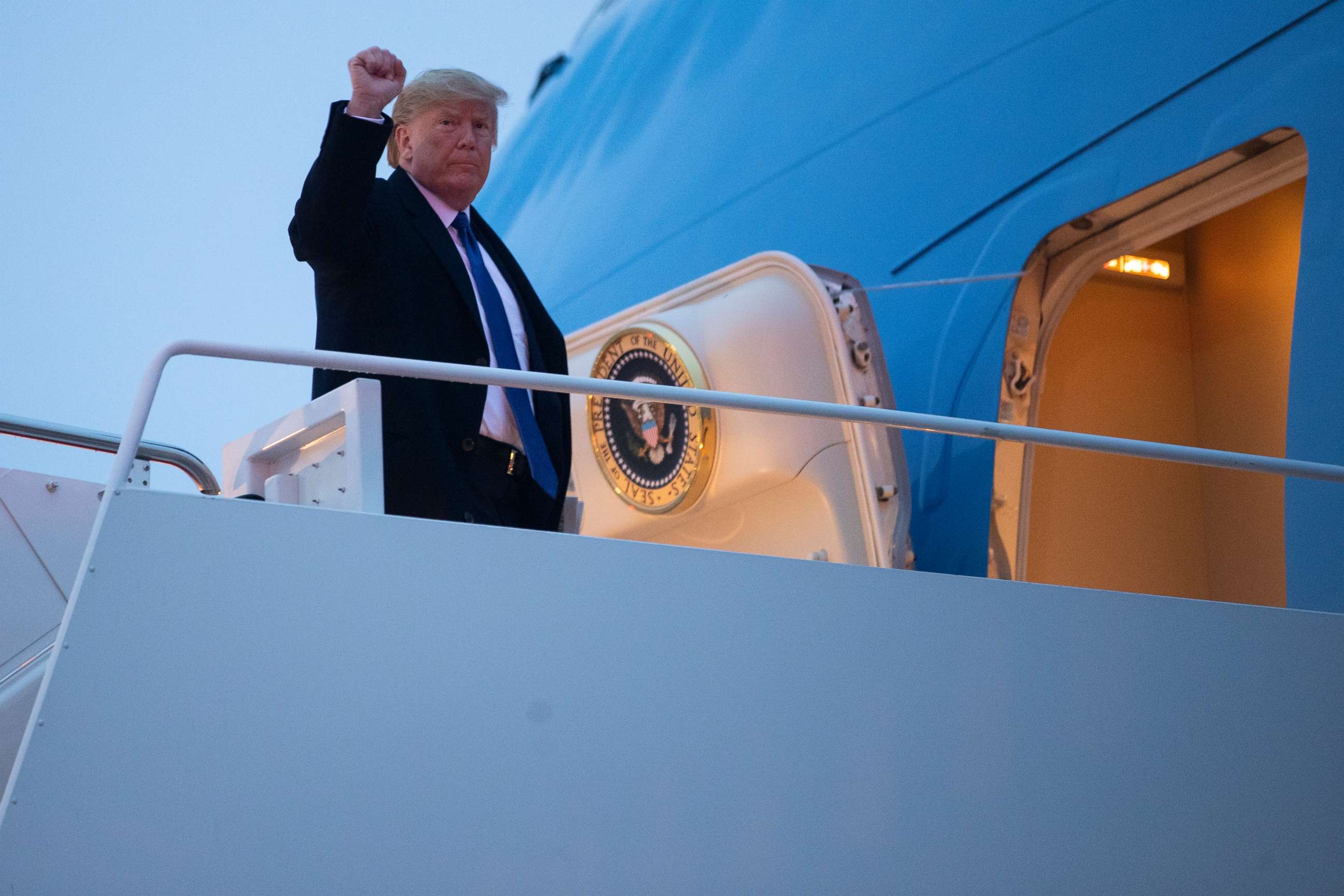 PHOTO: President Donald Trump boards Air Force One for a trip to Milwaukee to attend a campaign rally, Jan. 14, 2020, at Andrews Air Force Base, Md.