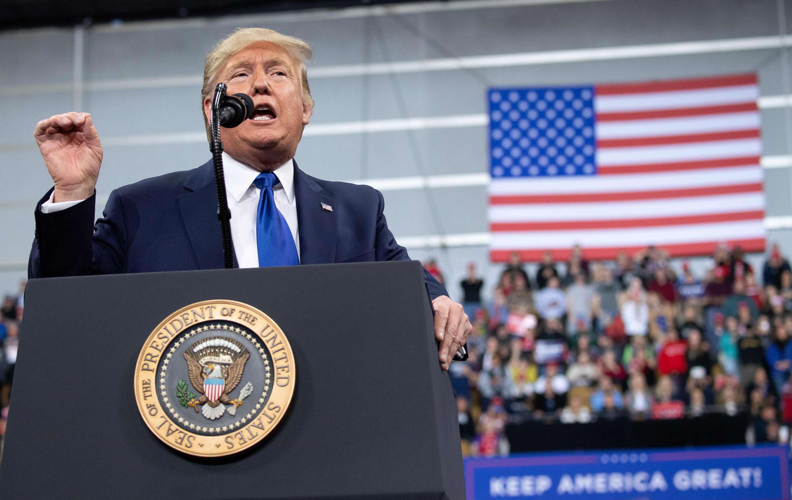 PHOTO: President Donald Trump speaks during a "Keep America Great" campaign rally in Milwaukee, Jan. 14, 2020.