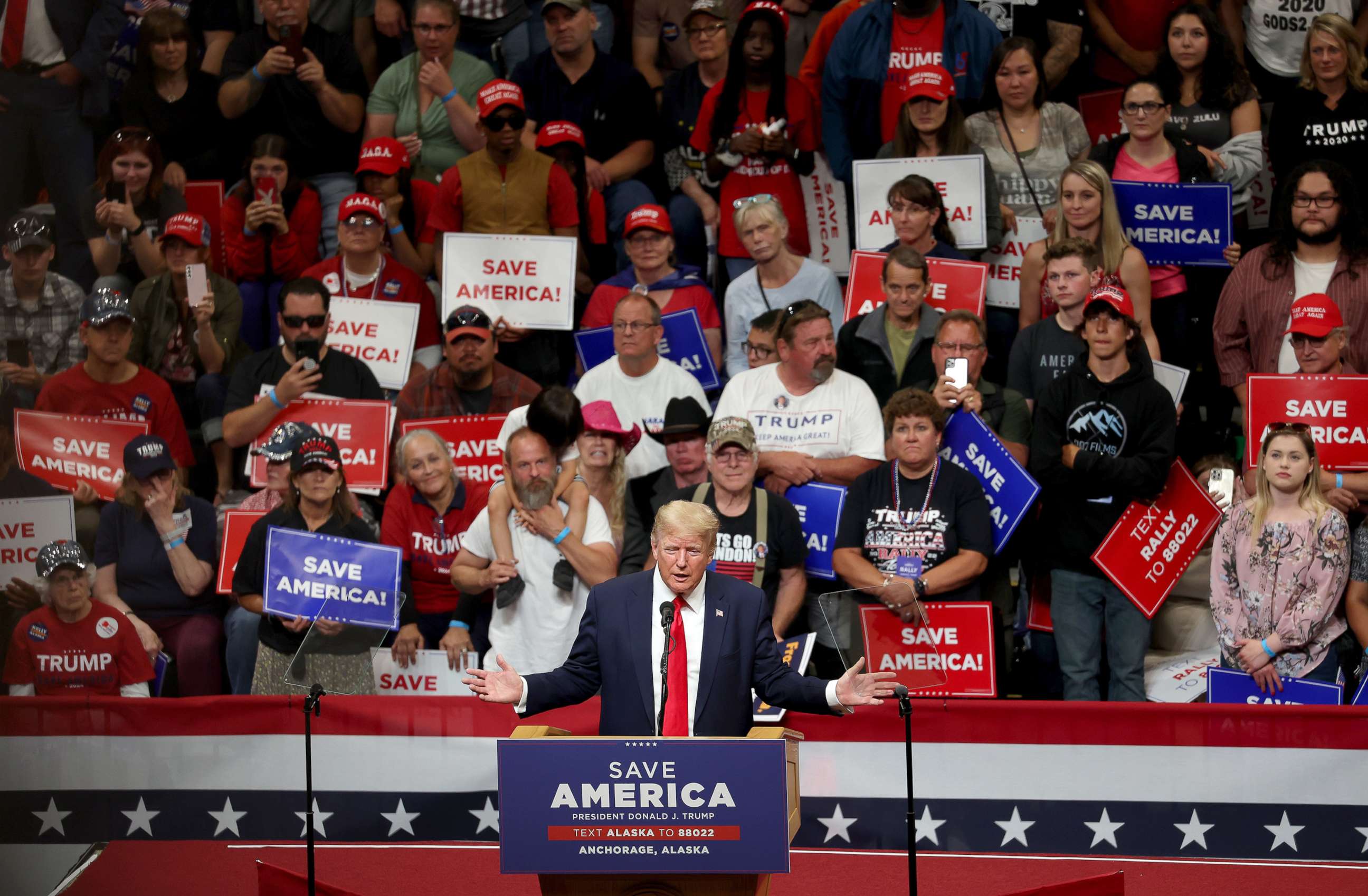 PHOTO: Former President Donald Trump speaks during a "Save America" rally on July 09, 2022 in Anchorage, Alaska. 