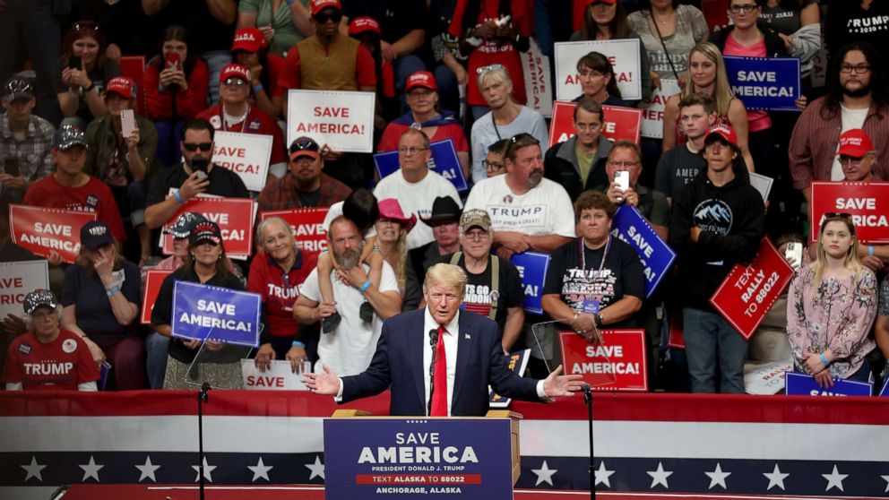PHOTO: Former President Donald Trump speaks during a "Save America" rally on July 09, 2022 in Anchorage, Alaska. 