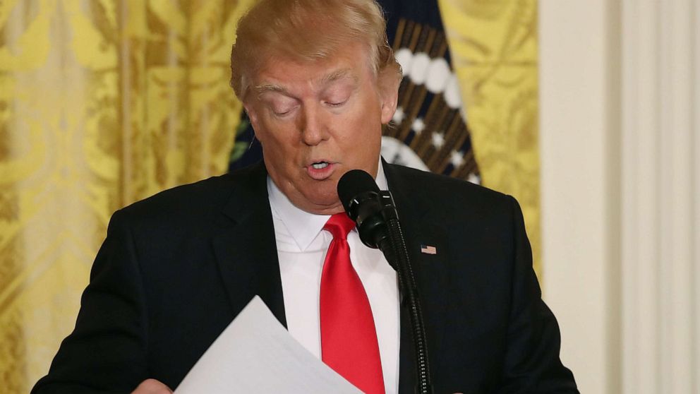 PHOTO: President Donald Trump looks at his papers during a news conference in the East Room at the White House, Feb. 16, 2017.