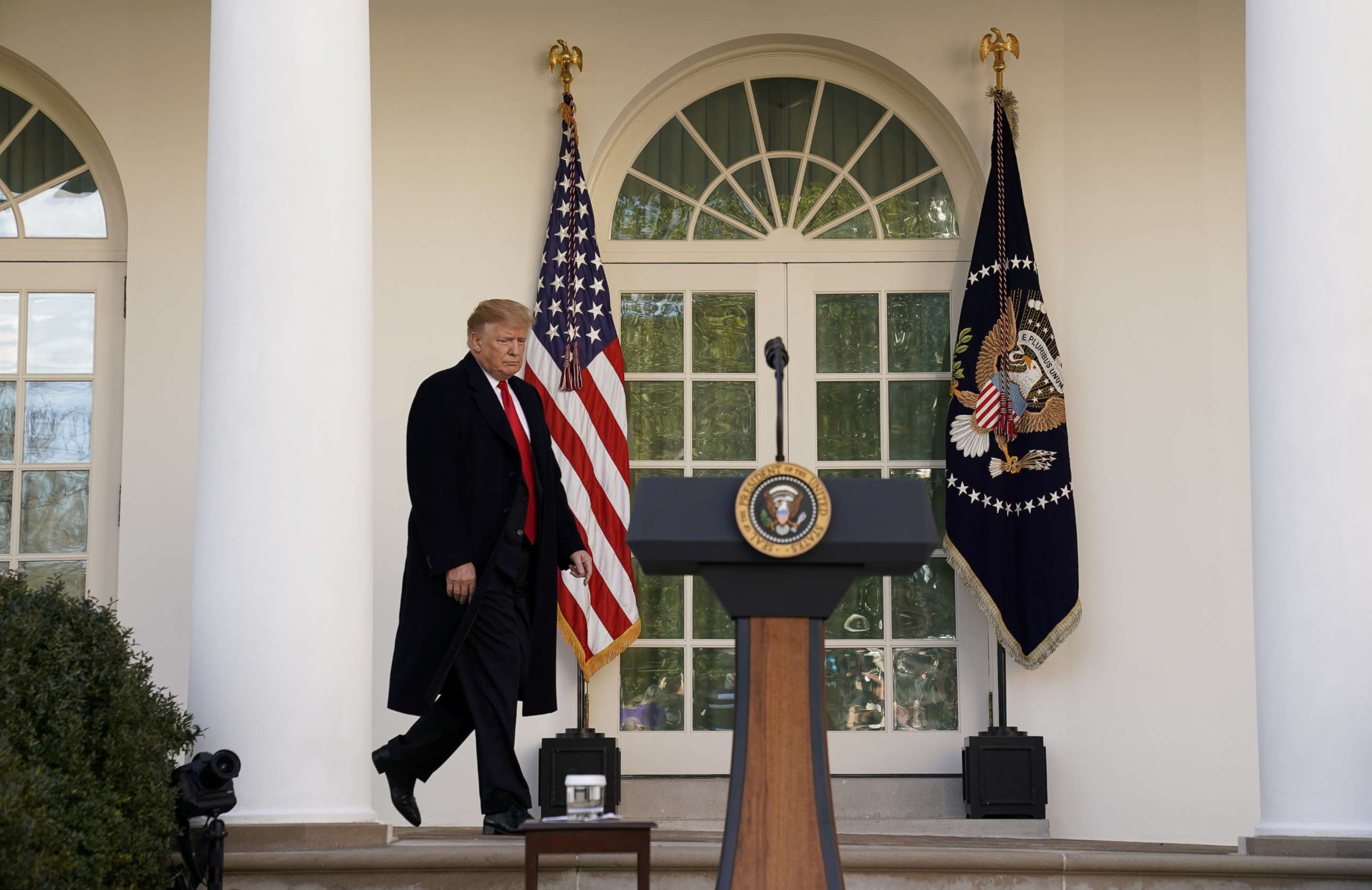 PHOTO: President Donald Trump walks out of the Oval Office to announce a deal to end the partial government shutdown in the Rose Garden of the White House in Washington, Jan. 25, 2019.