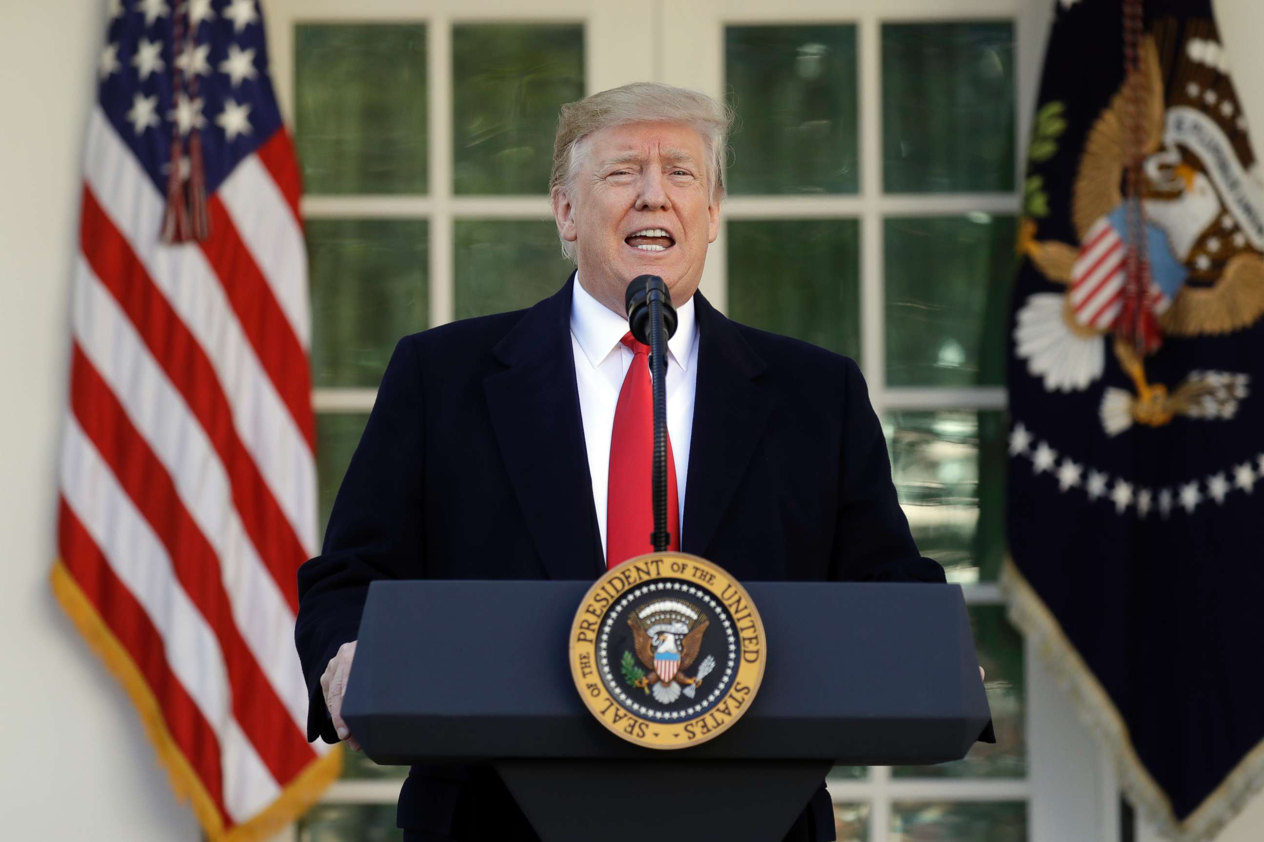 PHOTO: President Donald Trump speaks in the Rose Garden of the White House, Jan 25, 2019, in Washington.