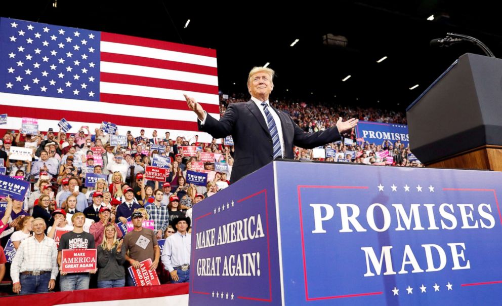 PHOTO: President Donald Trump greets the crowd as he arrives for his "Make America Great Again" rally in Billings, Mont., Sept. 6, 20