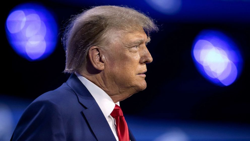 PHOTO: Former President and Republican presidential candidate Donald Trump takes the stage during the Turning Point Action Conference in West Palm Beach, Florida on July 15, 2023.