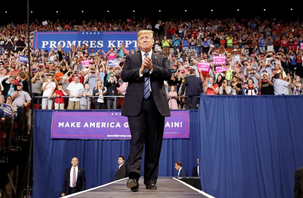 PHOTO: President Donald Trump greets the crowd as he arrives for a "Make America Great Again" rally in Billings, Mont., Sept. 6, 2018.