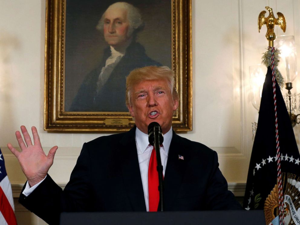 PHOTO: President Donald Trump delivers a statement on the deadly protests in Charlottesville, at the White House in Washington, D.C., Aug. 14, 2017.