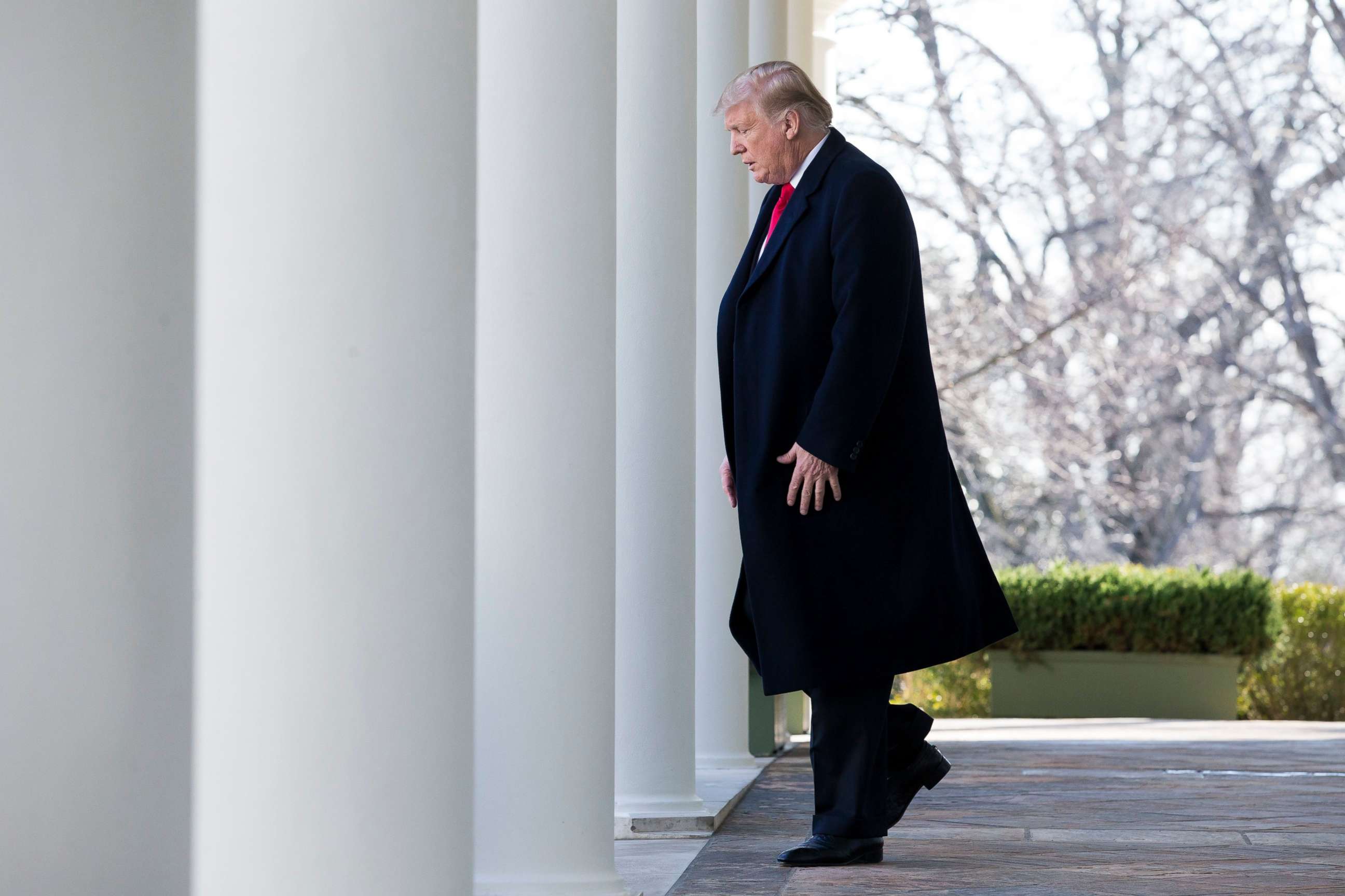 PHOTO: President Donald Trump walks down the Colonnade to deliver remarks on ending the partial shutdown of the federal government, in the Rose Garden of the White House in Washington, Jan. 25, 2019.